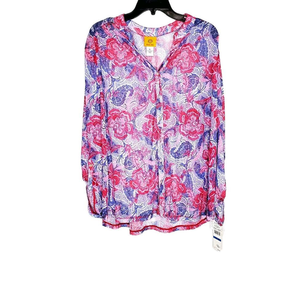 Ruby Rd Womens Purple Pink Floral Long Sleeve Button Up Sheer Blouse Shirt SZ XL
